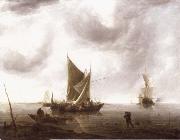 REMBRANDT Harmenszoon van Rijn, Ships at Anchor on a Calm Sea
